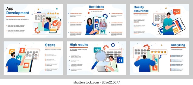 App development concept for presentation slide template. People developers generate ideas, create ui design, optimizes programs, software, mobile, application. Vector illustration for layout design