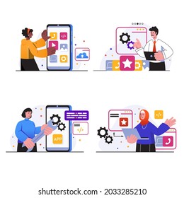 App development concept scenes set. People create mockup of mobile application interface, place graphic elements and buttons, develop and optimize. Vector illustration collection in trendy flat design