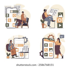 App development concept scenes set in flat web design. People in situations of programming mobile phone layouts, building app buttons and elements, testing products and optimize. Vector illustrations.