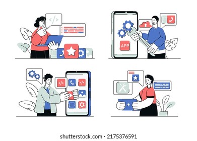 App development concept set in flat line design. Men and women create mobile applications and user interfaces, coding and optimize programs. Vector illustration with outline people scene for web