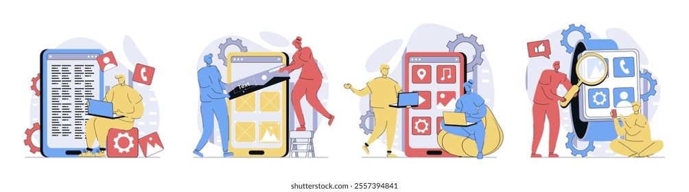 App development concept set in flat design for web. Collection with people programming and coding mobile layouts, placing app buttons and elements, make templates optimization. Vector illustrations.