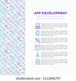 App development concept with thin line icons: writing code, multitasking, smart watch app, engineering, updates, cloud database, mobile syncing, settings. Vector illustration, print media template.