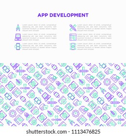 App development concept with thin line icons: writing code, multitasking, smart watch app, engineering, updates, cloud database, speed optimization. Modern vector illustration, print media template.