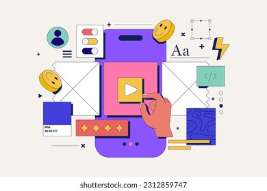 App development concept with UI UX elements collage for web banner op poster. Can be used as Header or socilal media post. Vector illustration