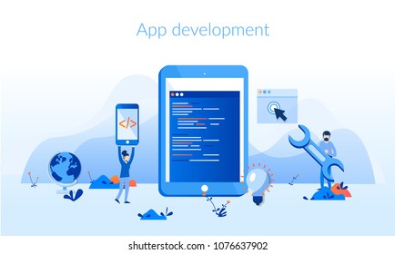 App Development Concept for web page, banner, presentation, social media, documents, cards, posters. Vector illustration