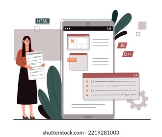 App development concept. Woman creates interface for programs and software. Graphic designer creates UI and UX elements. Modern technologies and digital world. Cartoon flat vector illustration