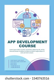 App development course poster template layout. Distant programming training. Banner, booklet, leaflet print design with linear icons. Vector brochure page layout for magazines, advertising flyers