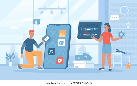 App development. Create and optimize layouts interfaces for mobile applications. Flat cartoon vector illustration with people characters for banner, website design or landing web page	
