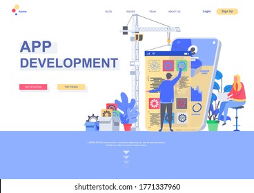 App development flat landing page template. Front end and back end development, developer create mobile application situation. Web page with people characters. Software engineering vector illustration