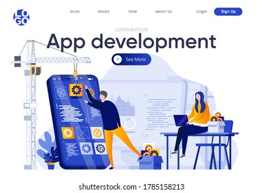 App Development flach Landing Page. Team von Entwicklern, die mobile Anwendung, Vektorgrafik erstellen. Vollständige Stackentwicklung, Webseitenzusammensetzung mit Personen-Zeichen.