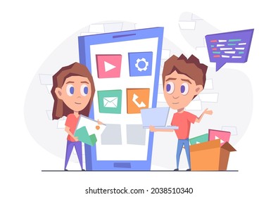 App development. A girl and a boy with a laptop are developing an app for the phone. There are icons on the screen of the smartphone. Flat vector illustration.