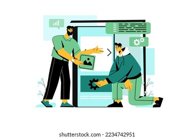 App development green concept with people scene in the flat cartoon style. Two developers work on the creating of a new mobile application. Vector illustration.