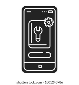 App development guide black glyph icon. Instruction for people that wat to develop a mobile application. Pictogram for web page, mobile app, promo. UI UX GUI design element