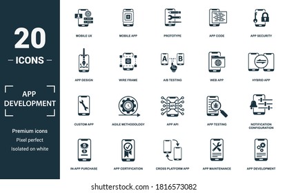 App Development icon set. Collection of simple elements such as the mobile ux, mobile app, prototype, app code. App Development theme signs.