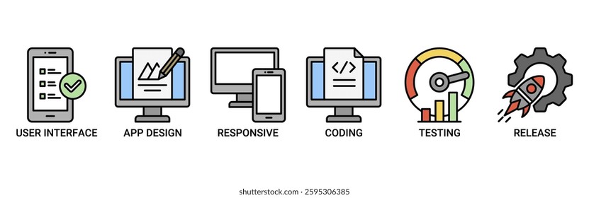 App development icon set. Vector illustration concept with icon of user interface, app design, responsive, coding, testing and release icons. Outline color vector symbol background.