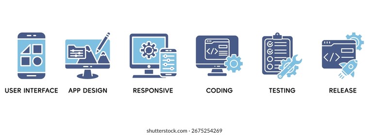 App development icon set vector illustration concept relate to user interface, app design, responsive, coding, testing and release