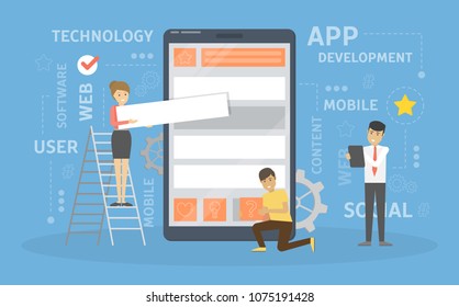 App development illustrations. People building apps on smartphone.