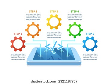 App development infographic chart design template. Abstract infochart with copy space. Instructional graphics with 5 step sequence. Visual data presentation. Calibri Bold, Questrial Regular fonts used