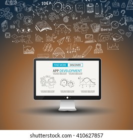 App Development Infpgraphic Concept Background with Doodle design style :user interfaces, UI design,mobiel devices. Modern style illustration for web banners, brochure and flyers.