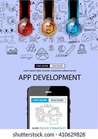 App Development Infpgraphic Concept Background with Doodle design style :user interfaces, UI design,mobiel devices. Modern style illustration for web banners, brochure and flyers.