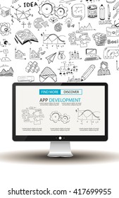 App Development Infpgraphic Concept Background with Doodle design style :user interfaces, UI design,mobiel devices. Modern style illustration for web banners, brochure and flyers.
