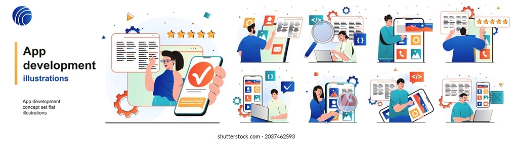 App Development Isolated Set. Programmers Develop Software And Software. People Collection Of Scenes In Flat Design. Vector Illustration For Blogging, Website, Mobile App, Promotional Materials.