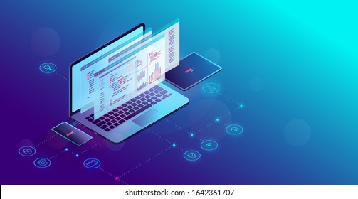 Desarrollo de aplicaciones - ordenador isométrico que muestra código, lenguaje de programación abstracto y herramientas de monitoreo. Teléfono inteligente y tableta que muestra la barra de carga. Concepto de tecnología, desarrollo, juegos y software.