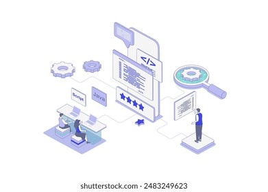 App development isometric concept in outline isometry design for web. People making mobile phone layouts, programming application interface with scripts, coding app and software. Vector illustration.