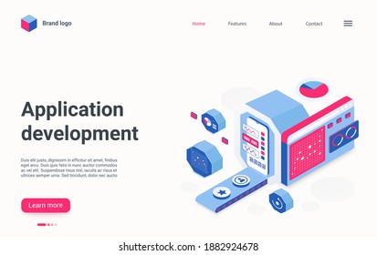 App development isometric landing page vector template. Application creation business web banner, webpage concept. Mobile programming website homepage interface layout.