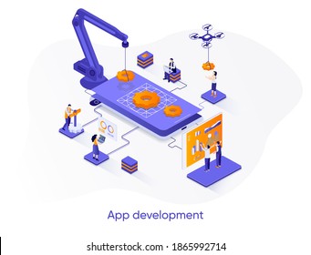 App development isometric web banner. Mobile application design, full stack programming isometry concept. Software development 3d scene, digital technology flat design. Vector illustration with people