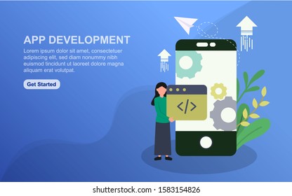 App development landing page template. Flat design concept of web page design for website. Easy to edit and customize