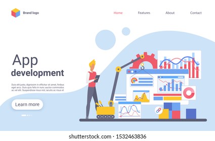App development landing page vector template. Mobile programming website homepage interface layout with flat illustration. Application creation business web banner, webpage cartoon concept