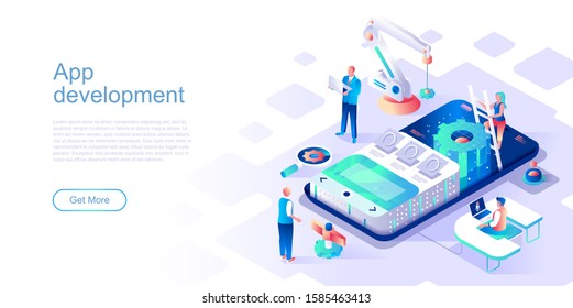 App development landing page vector template. Mobile device software programming website header UI layout with isometric illustration. Gadget application coding web banner isometry concept