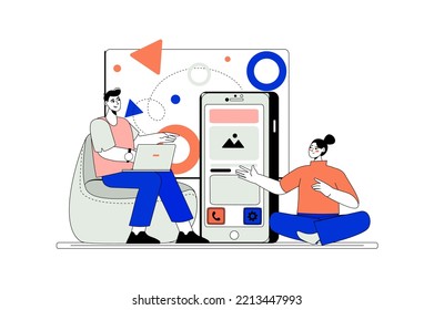 App development line concept with people scene in the flat cartoon design. Office workers argue over the design of a new mobile application. Vector illustration.