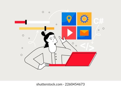 App Development Line-Konzept mit Menschen-Szene im flachen Cartoon-Stil. Entwickler wählt die Bilder aus, die am besten zu der neuen Anwendung passen. Vektorgrafik.