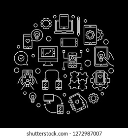 App Development and Mobile Applications vector round concept illustration in thin line style on dark background