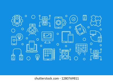 App Development and Mobile Applications vector concept horizontal illustration in thin line style