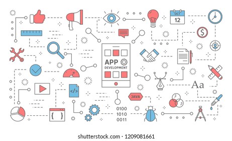 App development for the mobile phone concept. Smartphone application design and programming. Responsive interface. Modern technology. Set of colorful line icons. Isolated flat vector illustration