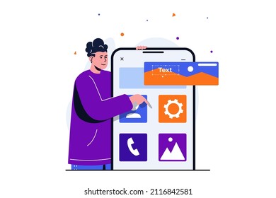 App development modern flat concept for web banner design. Male designer placing graphic elements and menu buttons on interface layout for mobile apps. Vector illustration with isolated people scene