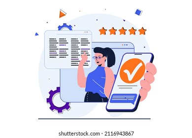 App development modern flat concept for web banner design. Female developer is programming, coding, testing and setting software for mobile phones. Vector illustration with isolated people scene