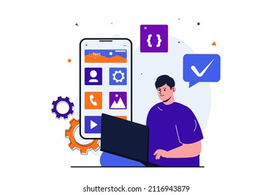 App development modern flat concept for web banner design. Male designer works on laptop, develops usability program interface and places menu buttons. Vector illustration with isolated people scene
