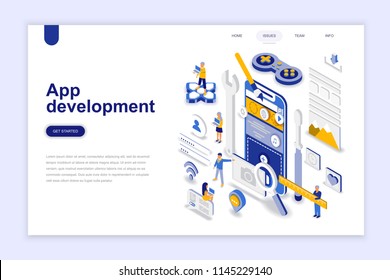 App development modern flat design isometric concept. Smartphone and people concept. Landing page template. Conceptual isometric vector illustration for web and graphic design.