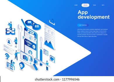 App development modern flat design isometric concept. Smartphone and people concept. Landing page template. Conceptual isometric vector illustration for web and graphic design.