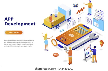 App development modern flat design isometric concept. Smartphone and people concept. Landing page template. Conceptual isometric vector illustration for web and graphic design.