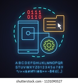 App development neon light concept icon. Digital technology idea. File manager. Smartphone settings. Glowing sign with alphabet, numbers and symbols. Vector isolated illustration