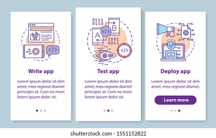 App development onboarding mobile app page screen with linear concepts. Writing, testing, deploying program walkthrough 3 steps graphic instructions. UX, UI, GUI vector template with illustrations