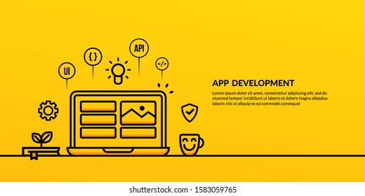 App Development With Outline Element On Yellow Background, UX UI Design Concept