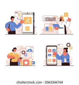 App development people concept isolated scenes set. Men and women create and optimize interface layouts, place elements, page, work with code and analyze data. Vector illustration in flat design