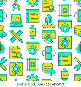 App development seamless pattern with thin line icons: writing code, multitasking, smart watch app, engineering, updates, cloud database, testing, speed optimization. Vector illustration.