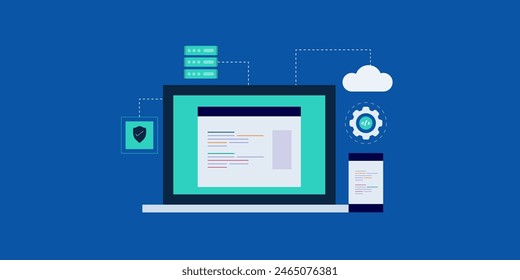 App development service, coding, programming, software development, cloud computing architecture, data security software, software testing - vector illustration with icons